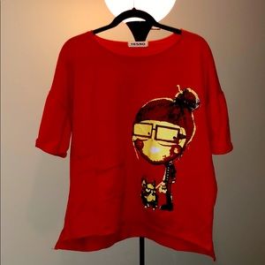 Red loose cotton shirt.  Cool print on front